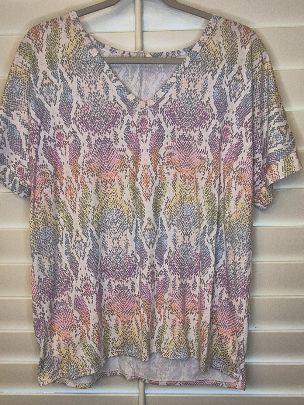 Womens Bibi Relaxed V-Neck Short Sleeve Top in Pastel Multi Sz Large